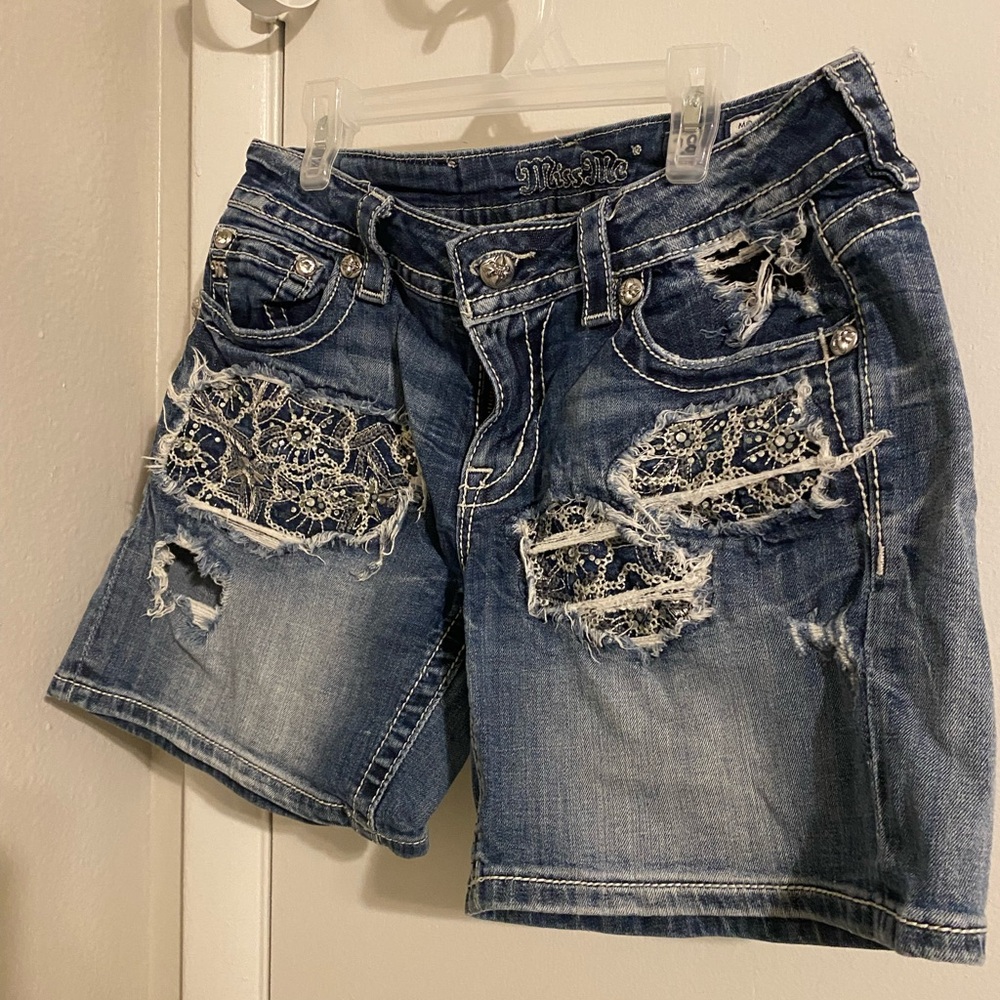 Miss Me Blue Distressed Jean Shorts with Lace Accents